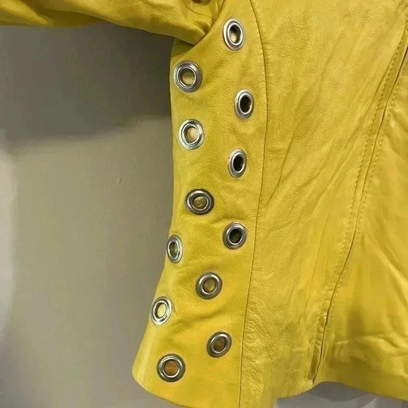 [M]Vintage  PLONGE Yellow Leather Cropped Women Jacket with Eyelet around Waist - Picture 3 of 13